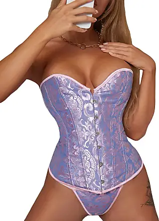 SOLY HUX Women's Lace up Strapless Overbust Corset Bustier Top Lingerie  Push up Bodyshaper with Thongs 2 Piece