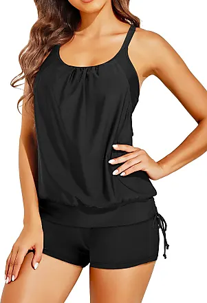 Holipick Black Two Piece Tankini Swimsuits For Women Tummy Control  Bathing Suit Ruffle V Neck Tankini Top
