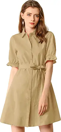 Allegra K Women's Cotton Ruffle Sleeve Belted Shirt Midi Dress