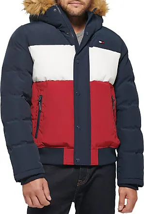 Tommy Hilfiger Men's Heavyweight Chevron Quilted Performance Hooded Puffer  Jacket, Midnight/Ice/Red Shine, X-Large at  Men's Clothing store