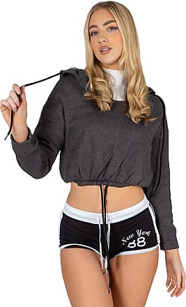 NOROZE Womens Cropped Baggy Pullover Hoodie Colored Stripe Ribbed Hem & Cuffs Sweatshirt Top