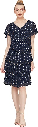 S.L. Fashions Womens Short Sleeve Print Tiered Chiffon Dress, Navy Metallic, 18