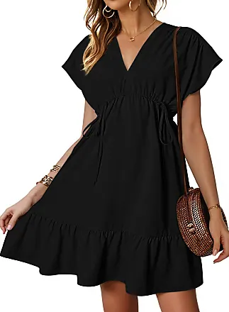 Plus Size Dress for Women Smocked Solid Color Oversize Gown Dresses Short  Sleeve V Neck Party Swing Dress with Pockets, Black, X-Large : :  Clothing, Shoes & Accessories