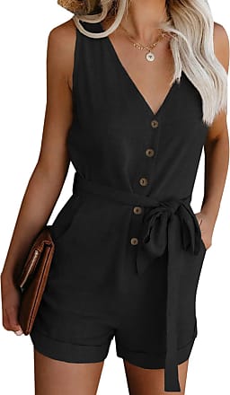 Angashion Womens Jumpsuits Crewneck One Off Shoulder Short Sleeve Elastic Waist Romper Playsuits with Pockets 