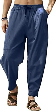 Pantalon d'été en lin pour homme - Grande taille - Pantalon de loisirs -  Léger - Coupe ample - Avec élastique - Jambes larges, bleu, L : :  Mode