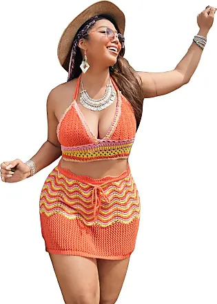 MakeMeChic Women's Plus Size Crochet Cover Up Long Sleeve Drawstring  Knitted Beach Swimsuit Cover Up Dress
