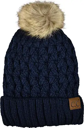 Hand Knit Wool Fleece Lined Beanie Pom Pom Hat Blue Mix