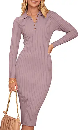 MEROKEETY Women's V Neck Cable Knit Sweater Dress Long Sleeve Bodycon Slit  Pullover Midi Dress with Belt