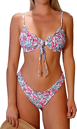 Women's Bikini - Ruffled Seashell Bra Top / Skimpy Floral Bottom Tied /  Black