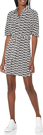 Calvin Klein Womens Short Sleeve Collared Dress with Button Down Front, Black/Cream, 16
