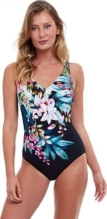 Vintage 70s one piece swimsuit tropical Hawaiian print floral black multi Maxine of  Hollywood medium Size 8 10 tummy control
