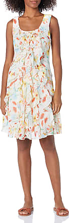 ROBBIE BEE Womens Floral Printed Chiffon Trapeze Dress with Illusion Neck 