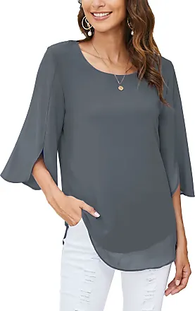 ACEVOG Womens Casual Scoop Neck Loose Top 3/4 Sleeve Chiffon Blouse Shirt  Tops