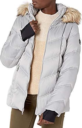 nautica women's short puffer coat with faux fur trim hood