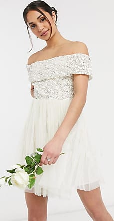 Maya off shoulder mini tulle dress with tonal delicate sequin in ecru-White