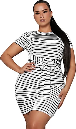 MakeMeChic Womens Plus Size Striped Short Sleeve Tie Waist Mini Bodycon Dress White 2XL