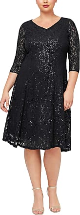 S.L. Fashions Womens Plus Size Sequin Lace Fit and Flare Dress, Black Solid, 18W