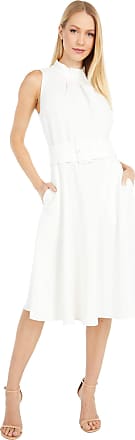 Tahari by ASL Womens Sleeveless Fold Neck Belted Fit and Flare Dress, Ivory, 6
