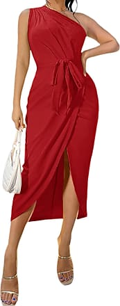 MakeMeChic Womens One Shoulder Dress Sleeveless Ruched Split Wrap Belted Cocktail Midi Dress Red XL