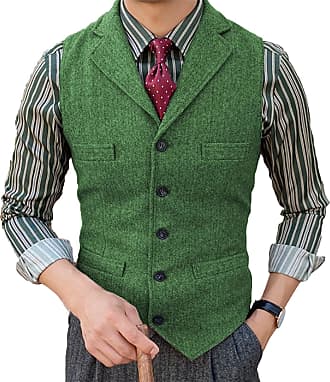 Mens Classic Wool Blend Waistcoat Herringbone Check Moleskin Lapel Formal S-3XL 