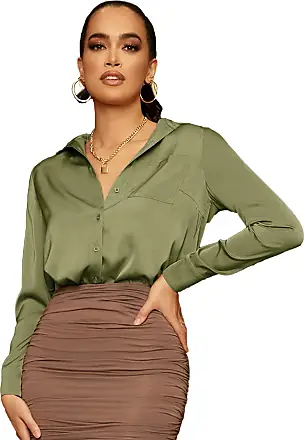 Floerns Women's Pearl Mesh Sheer Long Sleeve Blouse Shirts Tops Dark Green  XS at  Women's Clothing store