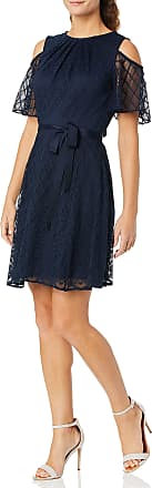 Gabby Skye Womens Belted Lace Cold Shoulder Navy Dress, 4