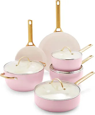 Paris Hilton Epic Nonstick Pots and Pans Set, 12-Piece, Pink & Reversible  Bamboo Cutting Board and Cutlery Set with Matching High Carbon Stainless