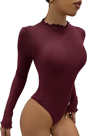LilyCoco Womens Collared Long Sleeve Bodysuit Button Down Stretchy Zip Bodycon Leotard Top 