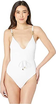 White////Cabana Solids 10 Trina Turk Womens Deep Plunge V-Neck One Piece Swimsuit