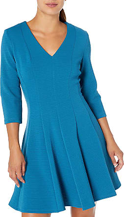 Gabby Skye Womens Petite 3/4 Sleeve V-Neck Solid Knit Fit and Flare Dress, Teal, 6P