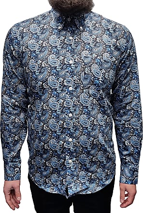 Relco Men's Navy Blue Paisley Floral Long Manche Button Down Mods Shirt 