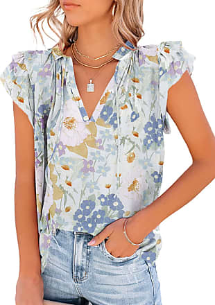 Womens Ruffle Short Sleeve Shirt Empire Waist Wrap V Neck Blouse Boho Floral Layered Casual Tops 
