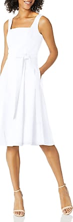 Calvin Klein Womens Sleeveless Square Neck Fit & Flare with Self Tie Belt Dress, White, 2