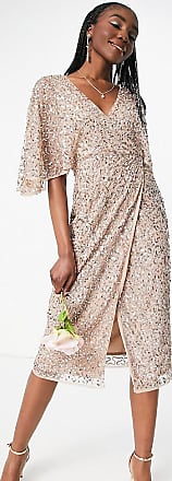 Maya Bridesmaid delicate sequin wrap midi pencil dress in taupe blush-Pink