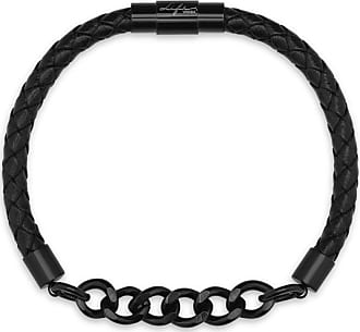 Pulseira Masculina de Couro Preto em Aço Preto - 20 cm Preto