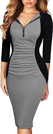 HOMEYEE Womens Vintage Round Neck 3/4 Sleeve Striped Bodycon Pencil Business Casual Dress B463 
