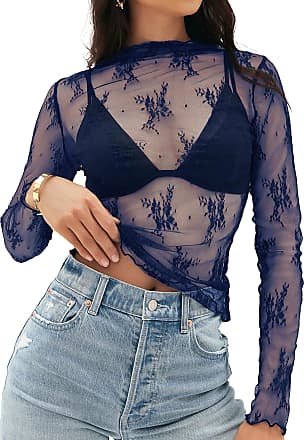 Mesh Long Sleeve Layering Top for Women Mock Neck Floral Embroidery Sheer  See Through Tee Shirt Blouse