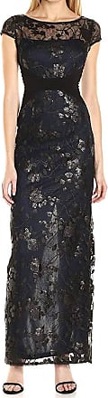 Adrianna Papell Womens Embroidered Mesh and Jersey Gown, Navy/Black, 10
