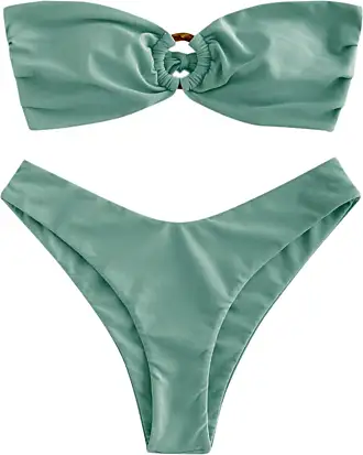 ZAFUL Ribbed Tie Side Metallic Glitter String Bikini Swimwear In LIGHT  COFFEE