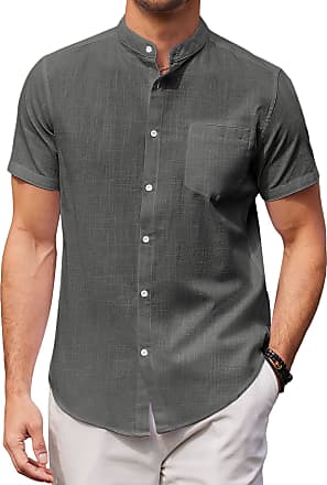 COOFANDY Men's Short Sleeve Linen Cotton Shirt Casual Chambray