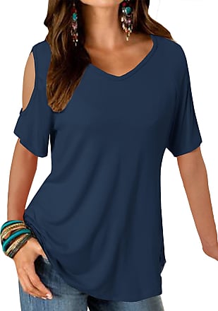 Cewtolkar Women T Shirt Off Shoulder Blouse Strappy Tops Solid Color Tunic V Neck Tees Pullover Shirt Summer Top 
