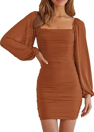 MEROKEETY Women's Long Puff Sleeve Ruched Bodycon Dress Square Neck Mesh  Cocktail Party Midi Dresses : : Clothing, Shoes & Accessories