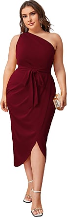 MakeMeChic Womens Plus Size One Shoulder Belted Wrap High Waist Midi Dress Burgundy 0XL