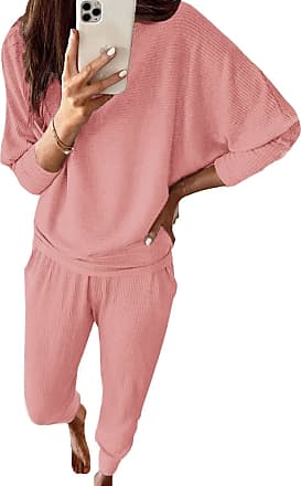 Womens Solid Fuzzy Crewneck Long Sleeve Sweatsuits 2 Piece Loose Pajamas Set Loungewear 