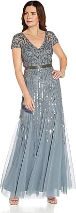 Adrianna Papell Womens Beaded Godet Gown, Vintage Blue, 12