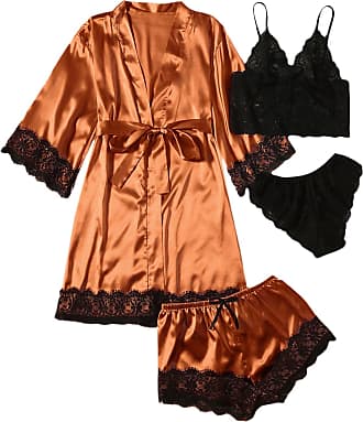 SOLY HUX Womens Floral Print Bra and Panty Lingerie Satin Pajama Set with Belted Robe 