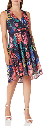 Gabby Skye Womens Sleeveless V-Neck Floral Print Wrap Lace Dress, Navy/Coral, 10