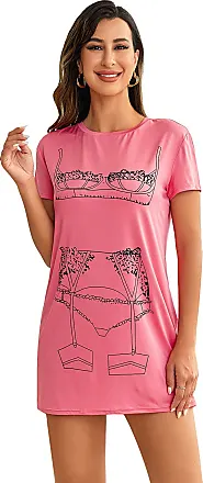 Sexy Lingerie Print T-shirt, Solid Long Crew Neck Nightgown, 50% OFF