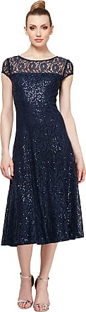 S.L. Fashions Womens Short Sleeve Tea Length Fit and Flare Dress (Petite Missy), Navy Sequin, 12