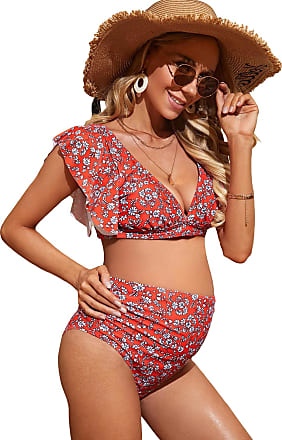 MakeMeChic Women's Maternity 2 Piece Swimsuit Floral Ruched Ruffle Hem High  Waisted Bikini Set Bathing Suits